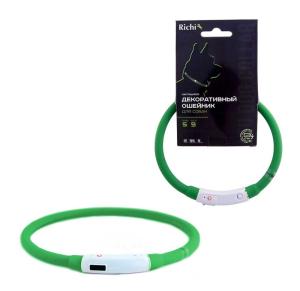 Ошейник RICHI LED Ø35см (S) зеленый силик, 3 режима, встр. аккум., зарядка от USB-3511 Ошейник RICHI LED Ø35см (S) зеленый силик, 3 режима, встр. аккум., зарядка от USB-3511