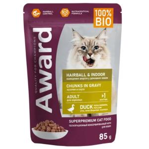 Влажный корм AWARD Hairball & Indoor для выведения шерсти у взрослых домашних кошек кусочки в соусе 