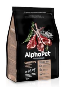 Корм д-собак мелк пород сух 500г с ягн и рисом, чув.пищ ALPHAPET 