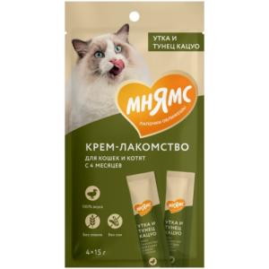 Лакомства д-кошек Мнямс крем с тунцом Кацуо и уткой 15г (уп.4шт)