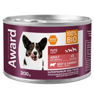 Влажный корм AWARD для взрослых собак паштет из говядины с морковью 200г