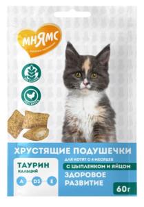 Лакомства д/котят Мнямс хрустящие подушечки с цыпленком и яйцом Здоровый котенок 60г/10