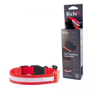 Ошейник д/собак RICHI USB 45-48см (L) красный со светящейся лентой, 3 режима, зарядка от USB/2032