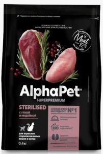 Корм д/кошек сух 400г с уткой и индейкой, стерилиз. ALPHAPET