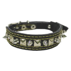 Ошейник кожаный 25-15мм подшитый спилком с украшением и шипами -ОК-25-15-С-УШ