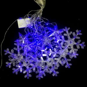 Гирлянда Снежинки и звезды 12 шт, 3м прозрачный провод, синий, переходник-30шт