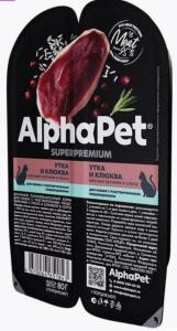 ALPHAPET SUPERPREMIUM 80 гр ламистер влажный корм для кошек с чувствительным пищеварением утка и клю