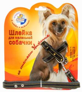 Комплект кожан. д-щенков и мелких пород собак(поводок 12мм + шлейка 14мм со стразами) на блстере