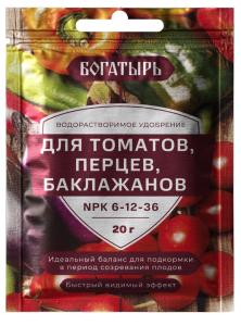 ВРУ д-томатов, перцев, баклажанов 20г Богатырь (NPK 6:12:36) 10-150 Лама-торф