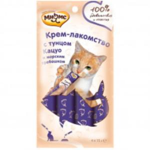 Крем-лакомства д-кошек Мнямс с тунцом Кацуо и морским гребешком 15г(уп.4шт)