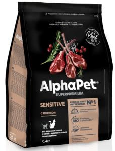 Корм д/кошек сух 400г с ягненком, чув.пищ ALPHAPET