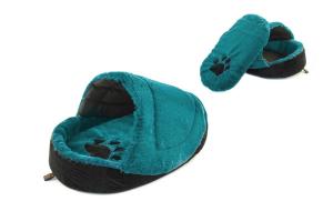 Домик-животных мягкий Zoom SLIPPER 50х32х26см с подуш бирюз.пуш.мех+чер.велюр+сатин,порол.+пер-РП