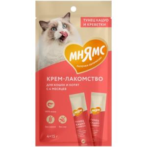 Лакомства д-кошек Мнямс крем с тунцом Кацуо и креветками  15г (уп.4шт)