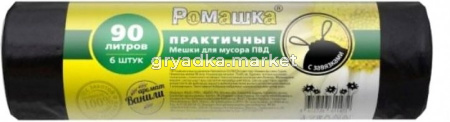 Мешок д-мусора с завязками 90л 75х85 45мкн черн. рулон 6 шт. Ромашка Практичные-15