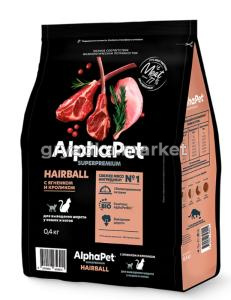 Корм д/кошек сух 400г с ягненком и кроликом выв.шерсти ALPHAPET 