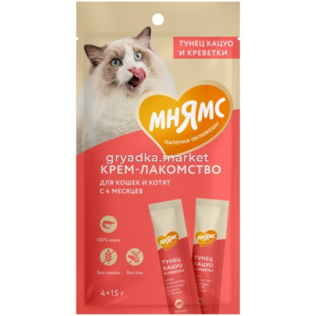 Лакомства д-кошек Мнямс крем с тунцом Кацуо и креветками  15г (уп.4шт)