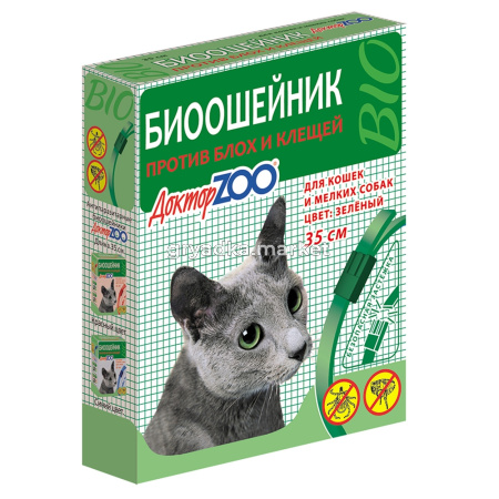 БИОошейник ЗЕЛЕНЫЙ для КОШЕК и мелких СОБАК от блох-клещей 35см (ш-б -6шт)ДОКТОР ZOO 