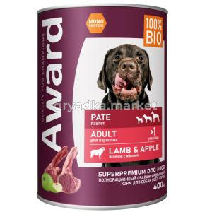 Влажный корм AWARD для взрослых собак паштет из ягненка с яблоком 400г
