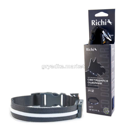Ошейник RICHI USB 37-40см (M) черный со светящейся лентой, 3 режима, зарядка от USB-2024