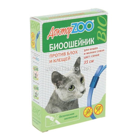  БИОошейник СИНИЙ для КОШЕК и мелких СОБАК от блох-клещей 35см (ш-б -6шт)ДОКТОР ZOO