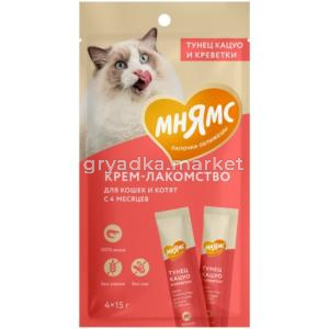 Лакомства д-кошек Мнямс крем с тунцом Кацуо и креветками  15г (уп.4шт)
