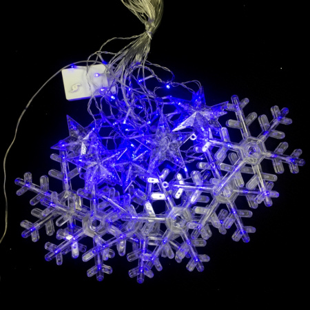 Гирлянда Снежинки и звезды 12 шт, 3м прозрачный провод, синий, переходник-30шт