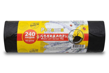 Мешок д-мусора с завязками 240л 100х115 30мкн черн. рулон 10 шт. Ромашка Стандарт  ЗВС-10