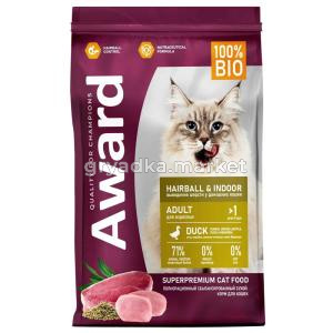 Корм д-кошек сух 1,5кг д-выведения шерсти с уткой и индейкой с добавл. зелен. чечевицы AWARD (Авард)