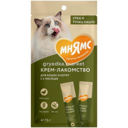 Лакомства д-кошек Мнямс крем с тунцом Кацуо и уткой 15г (уп.4шт)