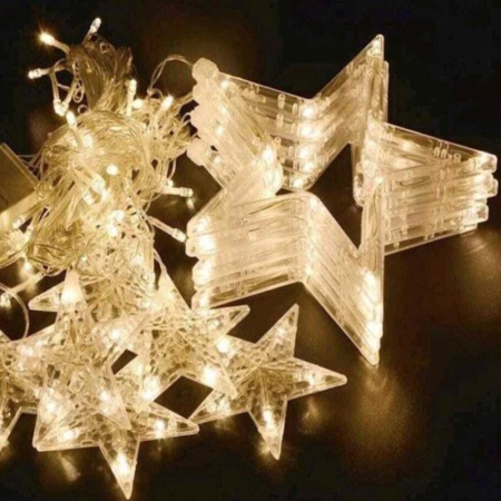 Гирлянда Звезды 12 шт, 2,5м прозрачный провод, теплый белый, переходник