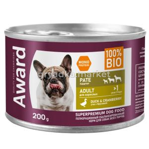 Влажный корм AWARD для взрослых собак паштет из утки с брусникой 200г