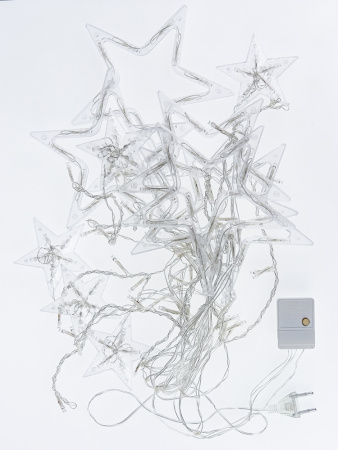 Гирлянда Звезды 12 шт, 2,5м прозрачный провод, холодный белый, переходник 