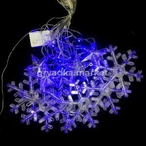 Гирлянда Снежинки и звезды 12 шт, 3м прозрачный провод, синий, переходник-30шт