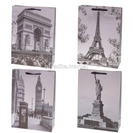 Пакет подарочный, (бумага, плотность 210г-м2, блок из 12-ти шт.), L26 W10,5 H32 см, 4в.