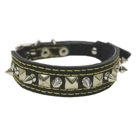 Ошейник кожаный 25-15мм подшитый спилком с украшением и шипами -ОК-25-15-С-УШ