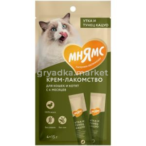Лакомства д-кошек Мнямс крем с тунцом Кацуо и уткой 15г (уп.4шт)