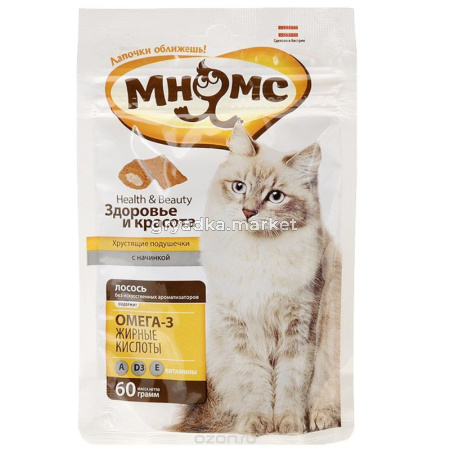 Лакомства д-кошек Мнямс хрустящие подушечки с лососем 