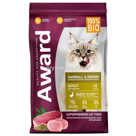 Корм д-кошек сух 1,5кг д-выведения шерсти с уткой и индейкой с добавл. зелен. чечевицы AWARD (Авард)