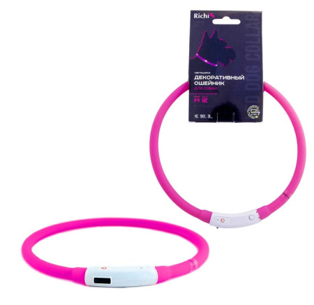 Ошейник RICHI LED Ø50см (M) розовый силик, 3 режима, встр. аккум., зарядка от USB-3526