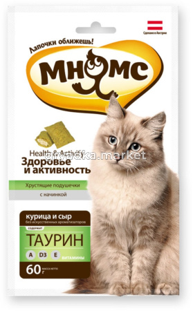 Лакомства д-кошек Мнямс хрустящие подушечки с курицей и сыром 