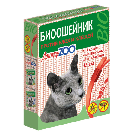  БИОошейник КРАСНЫЙ для КОШЕК и мелких СОБАК от блох-клещей 35см (ш-б -6шт)ДОКТОР ZOO