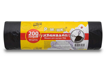 Мешок д-мусора с завязками  200л 60х68 25 мкн черн. рулон 10 шт. Ромашка Стандарт  ЗВС-18