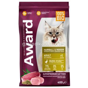Сухой корм AWARD Hairball & Indoor для взрослых кошек для выведения шерсти с уткой и индейкой с доба