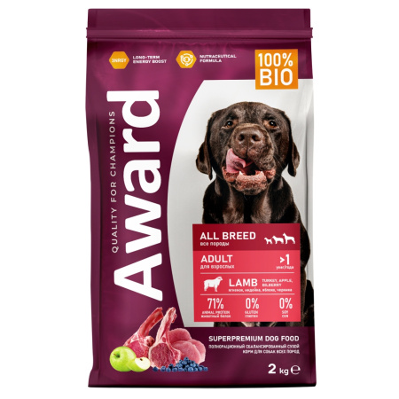 Сухой корм AWARD для взрослых собак всех пород с ягненком и индейкой с добавлением яблока и черники 