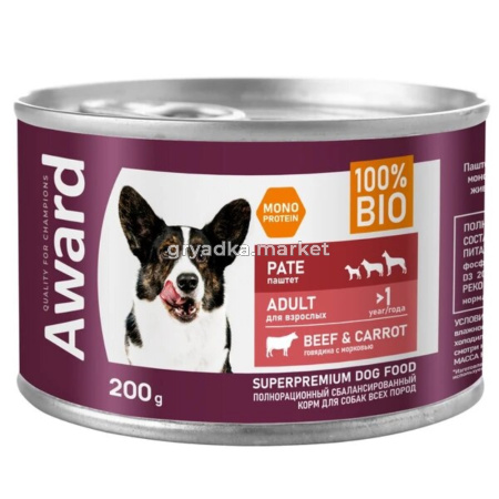Влажный корм AWARD для взрослых собак паштет из говядины с морковью 200г