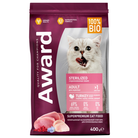 Сухой корм AWARD Sterilized для взрослых стерилизованных кошек с индейкой и курицей с добавлением кл