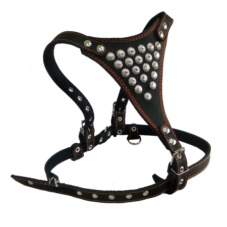 Шлея кожаная, подшитая спилком или тканью, с украшениями, 25 мм (ездовая)-ШлК-25-К-У