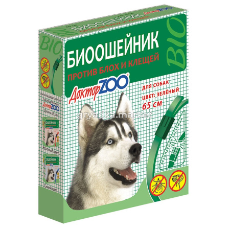  БИОошейник ЗЕЛЕНЫЙ для СОБАК от блох-клещей 65см (ш-б -6шт)ДОКТОР ZOO