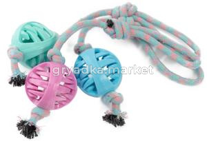 Игрушка WOGY Green-Blue-Pink д-собак Мяч d=8см с отверстиями и ручкой l=30см 125г арт.2424-5270 Код2