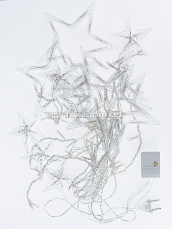 Гирлянда Звезды 12 шт, 2,5м прозрачный провод, холодный белый, переходник 